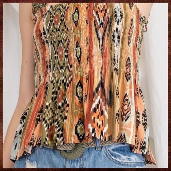 EASEL Smocked Fitted Stretchy Sleeveless Bodice W/Pleated Peplum Aztec Print Top - Picture 14 of 16